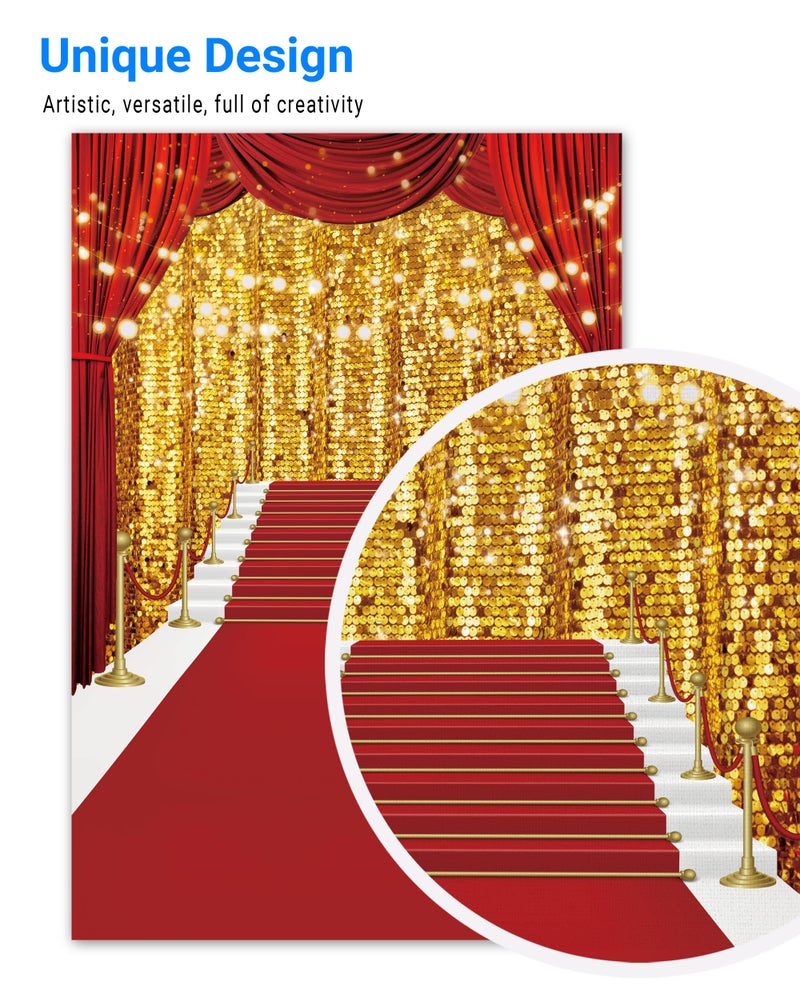 Funnytree 5x7ft Red Carpet Photography Backdrop Golden Glitter Wedding Birthday Awards Ceremony Background Baby Shower Party Decor Photo Portrait Studio - Image 3